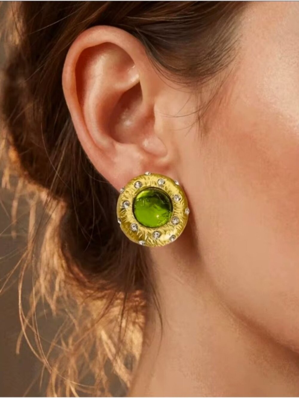 Gold-Tone Earrings with Green Glass Center and Crystal Accents